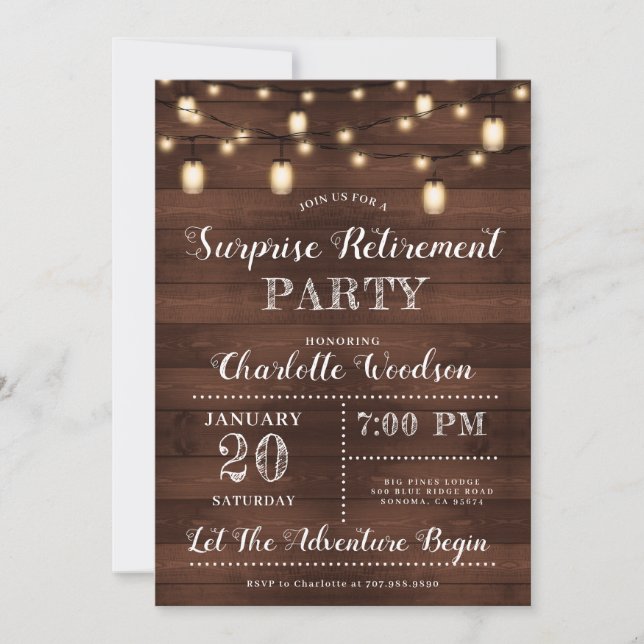 Surprise Retirement Rustic Wood String Lights Invitation (Front)