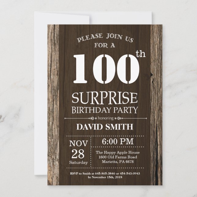 Surprise Rustic 100th Birthday Invitation Vintage (Front)
