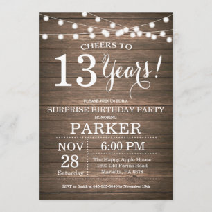 Surprise Rustic 13e anniversaire Invitation Bois