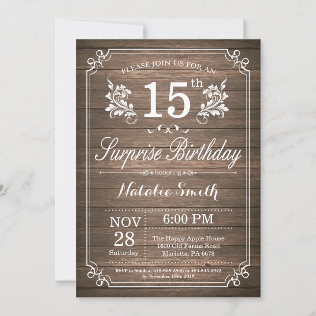 Surprise Rustic 15th Birthday Invitation Floral (Front)