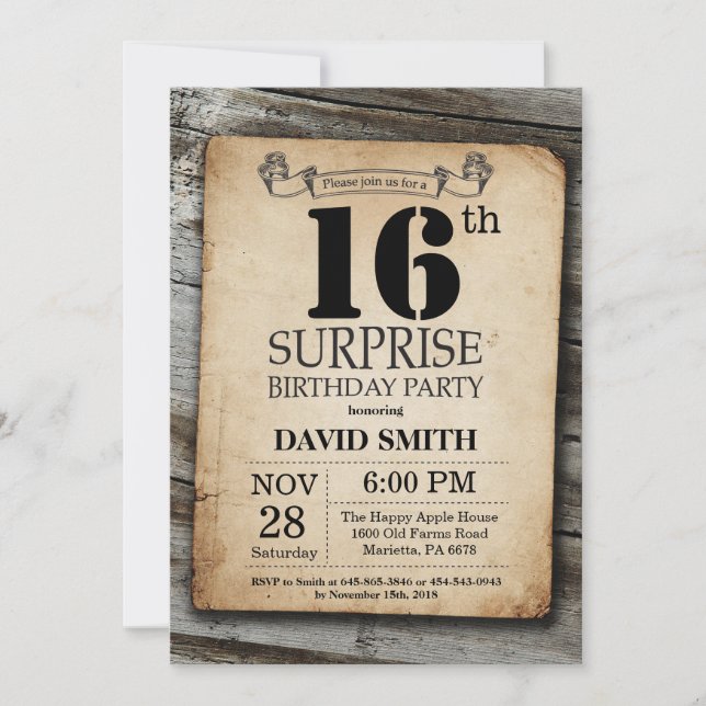 Surprise Rustic 16th Birthday Invitation Vintage (Front)