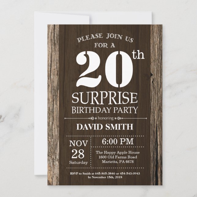 Surprise Rustic 20e anniversaire Invitation Vintag (Devant)