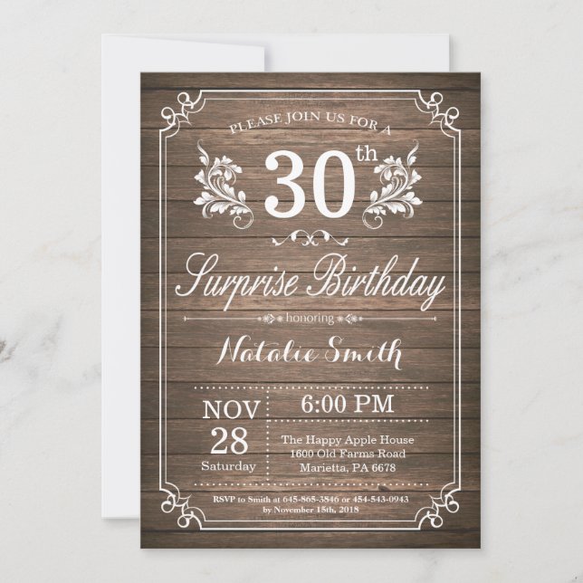 Surprise Rustic 30e anniversaire Invitation Floral (Devant)