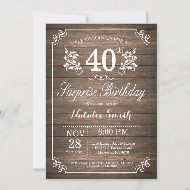Surprise Rustic 40e anniversaire Invitation Floral (Devant)