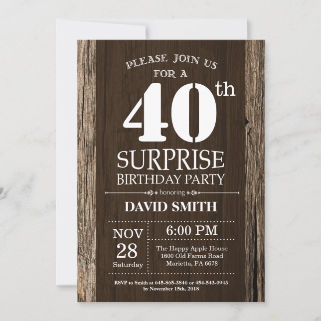 Surprise Rustic 40e anniversaire Invitation Vintag (Devant)