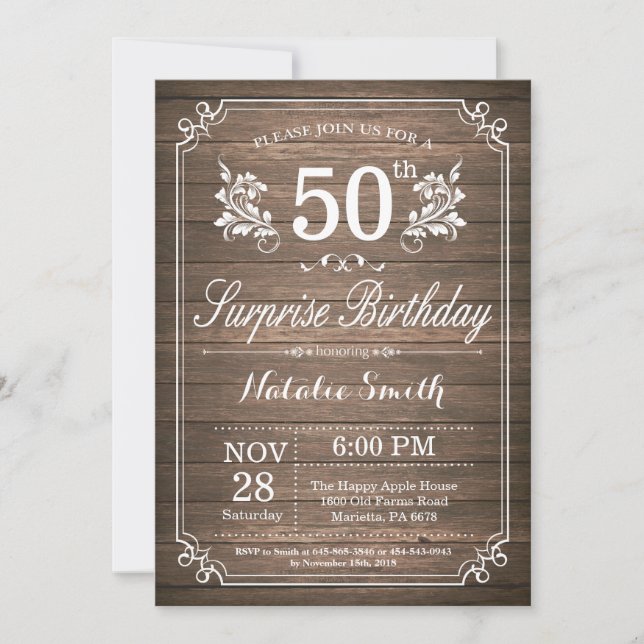 Surprise Rustic 50th Birthday Invitation Floral (Front)