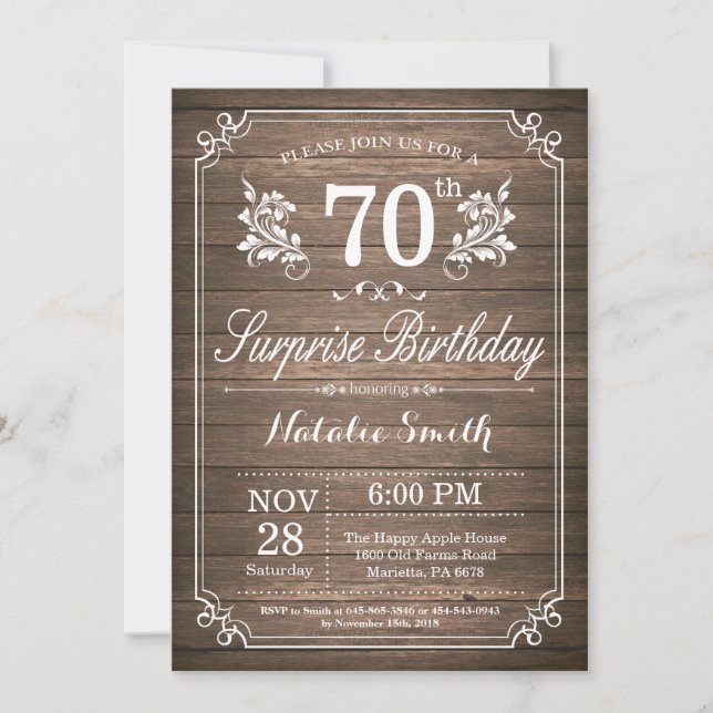Surprise Rustic 70th Birthday Invitation Floral (Front)