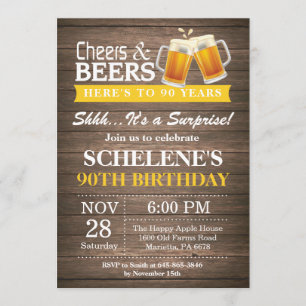 Surprise Rustic Cheers and Beers 90th Birthday Invitation