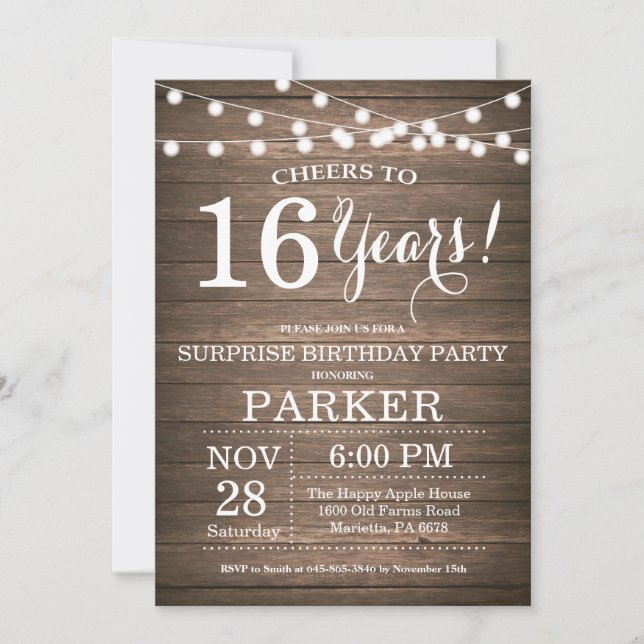 Surprise Rustique 16e anniversaire Invitation Bois (Devant)