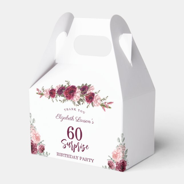 Surprise Senior Birthday Party Floral Burgundy Favor Box (Front Side)