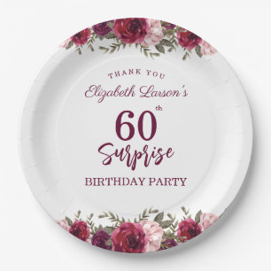 Surprise Senior Birthday Party Floral Burgundy Paper Plate