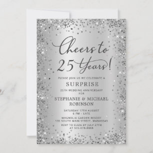 Surprise Silver Glitter 25th Wedding Anniversary Invitation