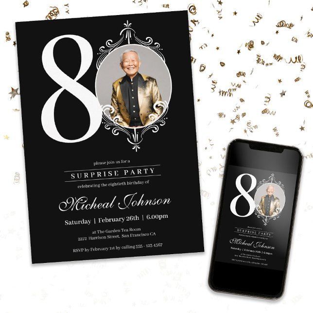 Surprise Simple Elegant Photo 80th Birthday Party Invitation (Surprise Simple Elegant Photo 80th Birthday Party Invitation)