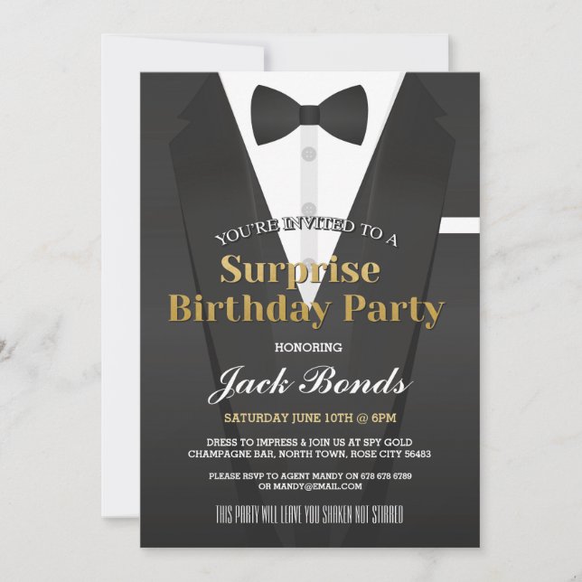 Surprise Tuxedo Black Tie Event Birthday Agent Invitation (Front)