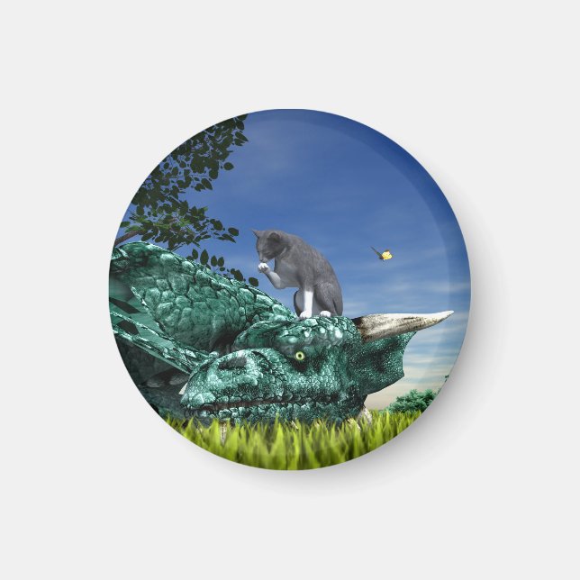 Surprise Visitor - Cute Cat on Dragon’s Head Magnet (Front)