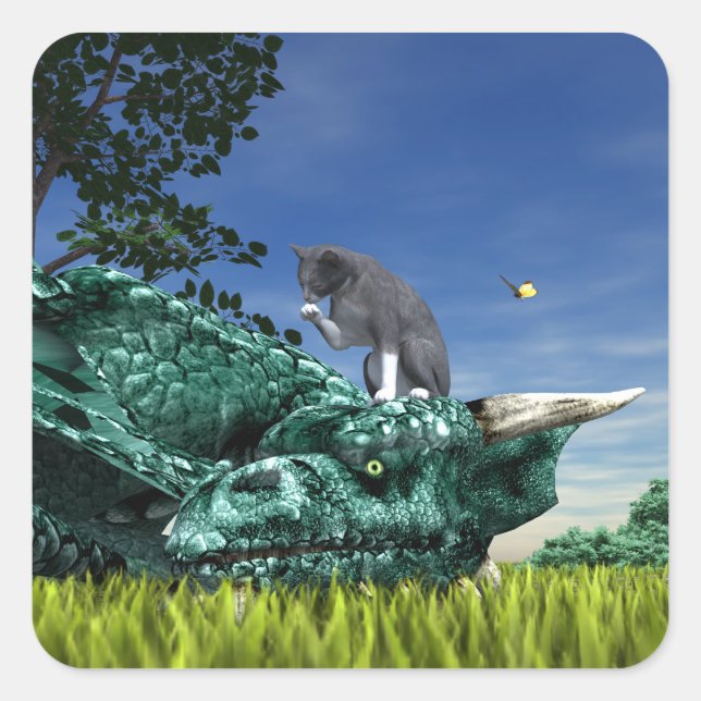 Surprise Visitor - Cute Cat on Dragon’s Head Square Sticker (Front)