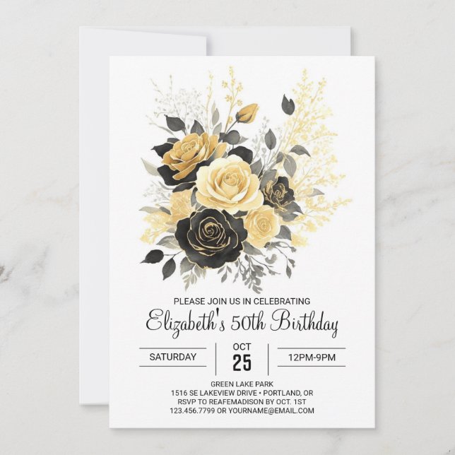 Surprise Wildflowers Gold and Black 50th Birthday Invitation (Front)