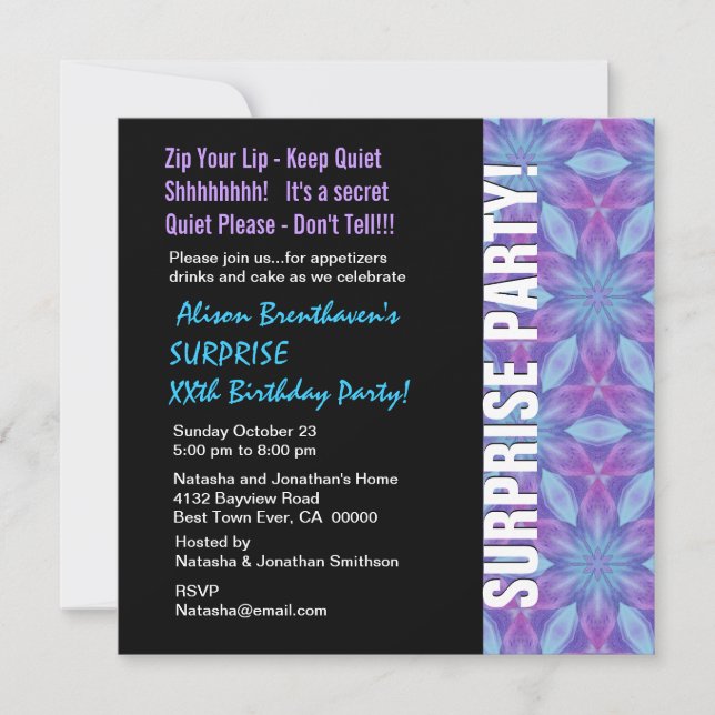 SURPRISE Year Birthday Purple and Blue Floral V055 Invitation (Front)