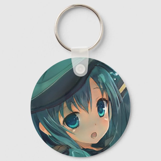 Surprised anime girl with emerald green eyes hair  keychain (Front)