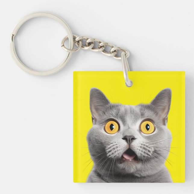 Surprised Funny Crazy Cat Yellow Keychain (Front)