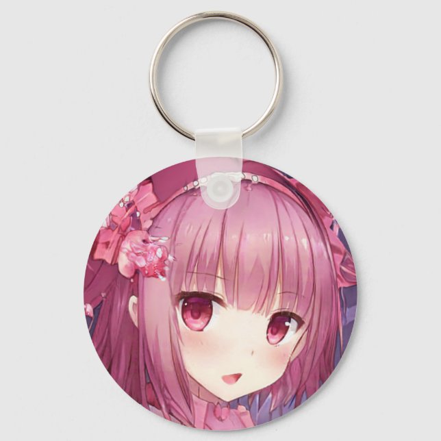 Surprised magenta pink hair eyes anime girl roses  keychain (Front)