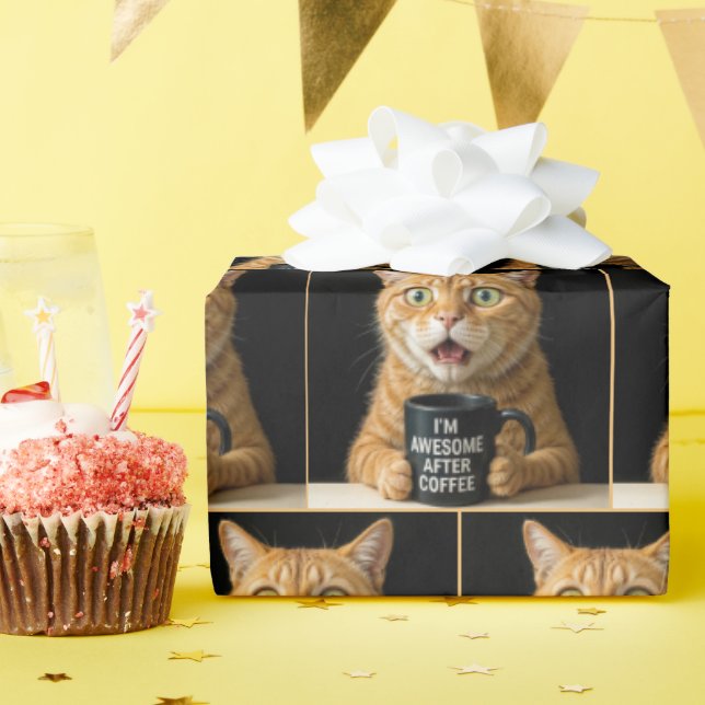 Surprised Orange Cat With a Funny Black Coffee Cup Wrapping Paper (Birthday Party)
