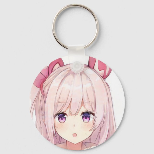 Surprised pink hair anime girl purple eyes bunny  keychain (Front)