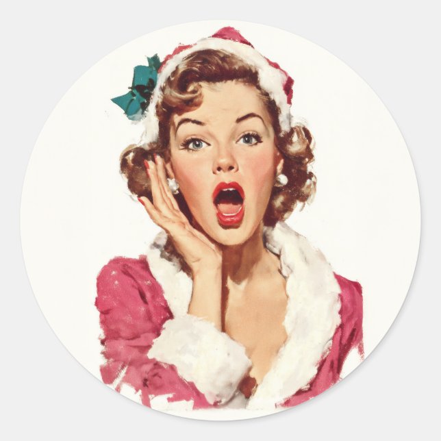 Surprised Retro Christmas Pin-Up Classic Round Sticker (Front)