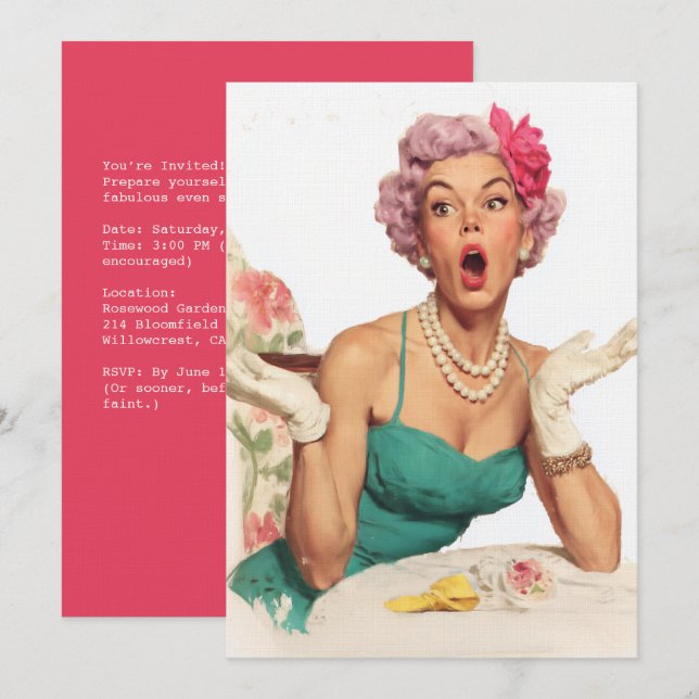 Surprised Retro Glamour Lady Invitation (Front/Back)