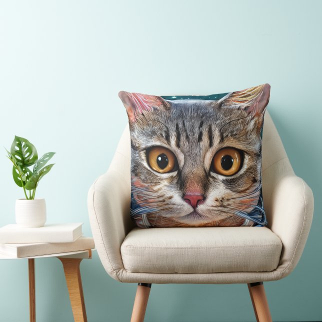Surprised Space Astronaut Cat Throw Pillow (Chair)