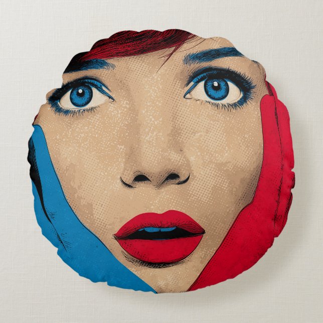 Surprised Woman in Pop Art Round Pillow (Front)