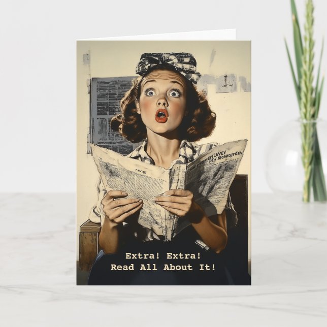 Surprised Woman Reading Newspaper Invitation (Front)