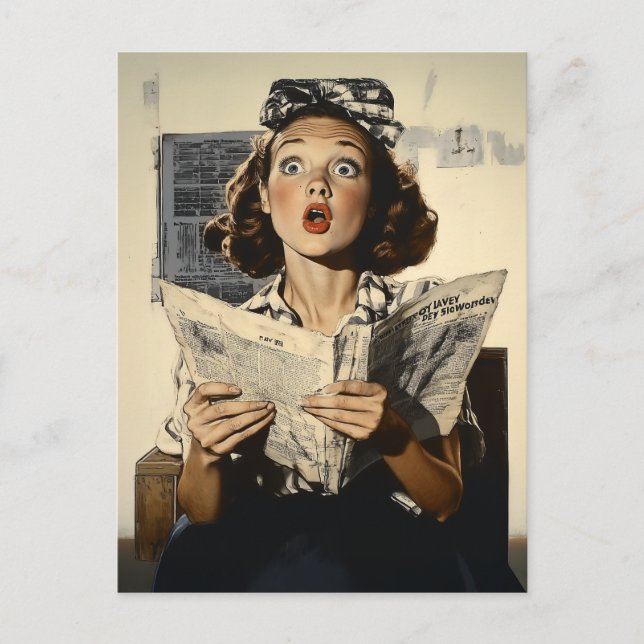 Surprised Woman Reading Newspaper Postcard (Front)