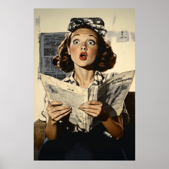 Surprised Woman Reading Newspaper Poster (Front)