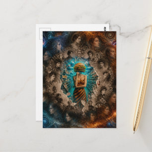 Surreal Abstract Lady Cheeseburger Head Circle Postcard