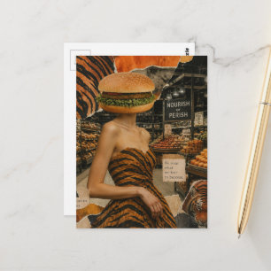 Surreal Abstract Lady with a Cheeseburger Head Postcard