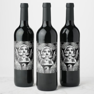 Surreal Abstract Woman & Birds Wine Label