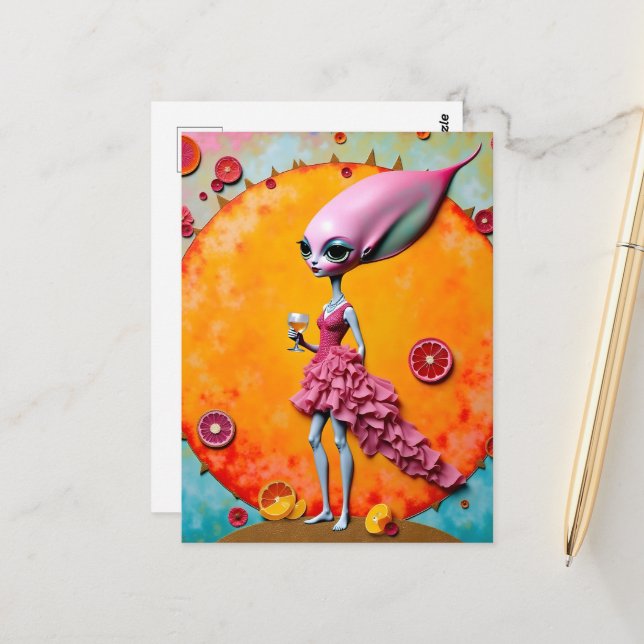 Surreal Alien Lady in Pink With Orange Juice Postcard (Front/Back In Situ)