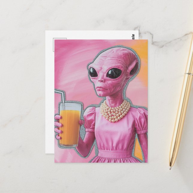 Surreal Alien Lady in Pink With Orange Juice Postcard (Front/Back In Situ)