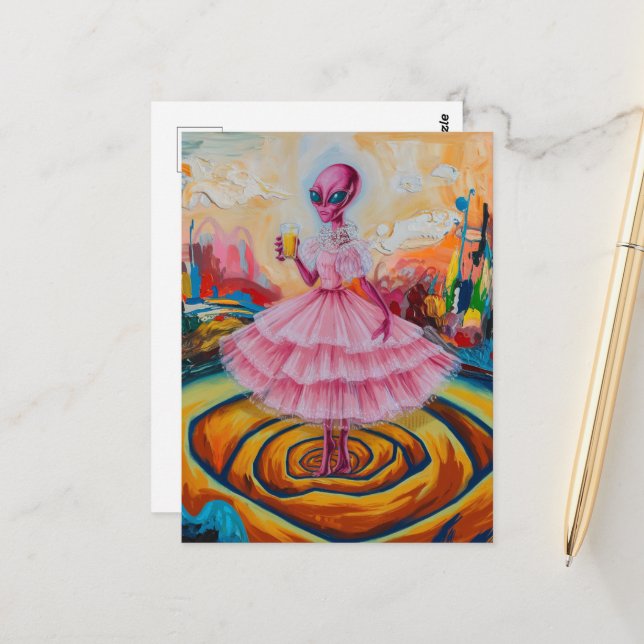 Surreal Alien Lady in Pink With Orange Juice Postcard (Front/Back In Situ)