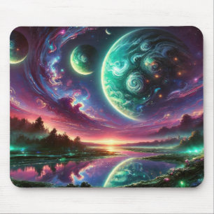 Surreal Alien Planet Landscape with Cosmic Skies Mouse Pad