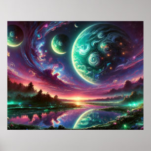 Surreal Alien Planet Landscape with Cosmic Skies Poster
