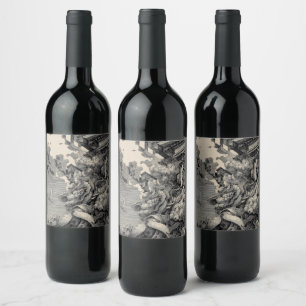Surreal Architecture with Birds and Clouds Wine Label