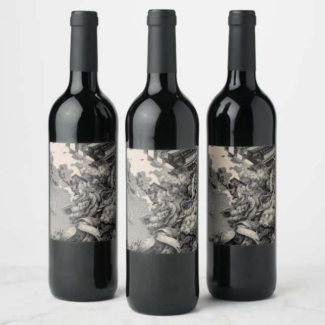 Surreal Architecture with Birds and Clouds Wine Label (Bottles)