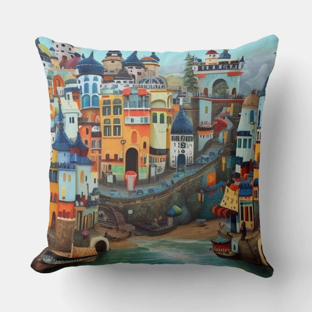 Surreal Art Abstract a small tourist town beach Throw Pillow (Front)