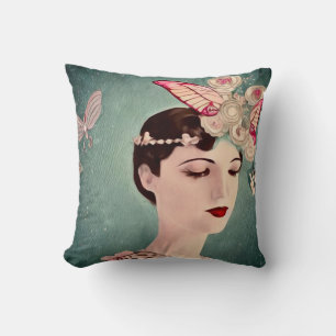Surreal Art Deco Girl & Butterflies Throw Pillow