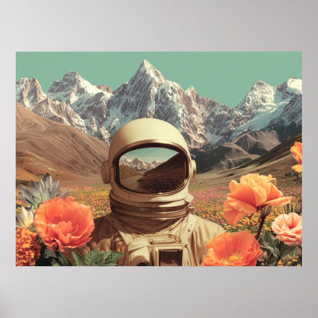 Surreal Astronaut In Flower Field Poster (Front)