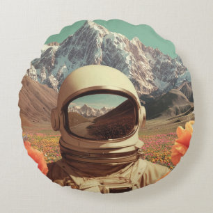 Surreal Astronaut In Flower Field Round Pillow