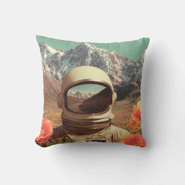 Surreal Astronaut In Flower Field Throw Pillow (Front)