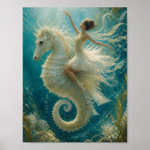 Surreal Ballerina and Seahorse Fantasy Poster